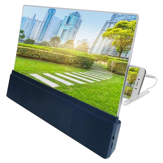 Universal 12-Inch Mobile Phone Screen Amplifier with Stand and Speaker showing phone behind magnifying screen and built-in speaker