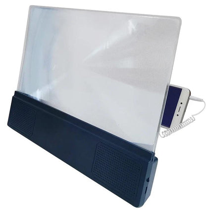 Universal 12-Inch Mobile Phone Screen Amplifier with Stand and Speaker showing black speaker base and clear magnifying screen holding a smartphone