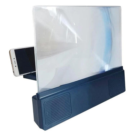 Universal 12-Inch Mobile Phone Screen Amplifier with Stand and Speaker showing phone in holder, foldable stand and built-in speaker for enlarged viewing