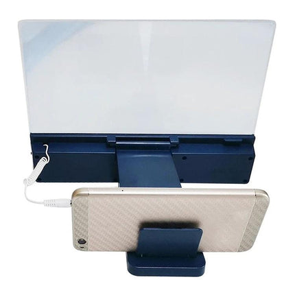 Universal 12-Inch Mobile Phone Screen Amplifier with Stand and Speaker shown with phone on blue stand and built-in speaker for enlarged viewing