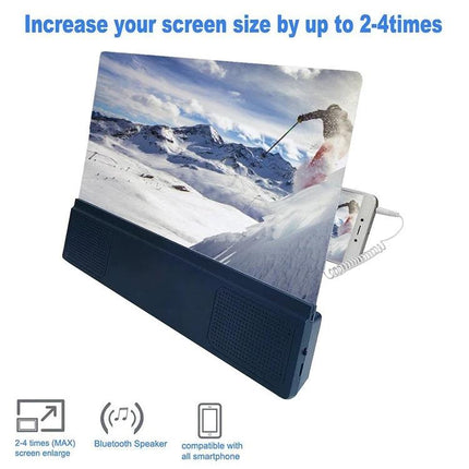 Universal 12-Inch Mobile Phone Screen Amplifier with Stand and Speaker showing enlarged video playback with built-in speaker and phone on stand