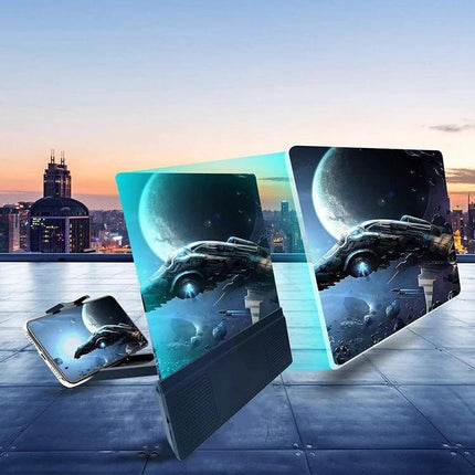 Universal 12-Inch Mobile Phone Screen Amplifier with Stand and Speaker showing enlarged gaming video on rooftop with built-in speaker