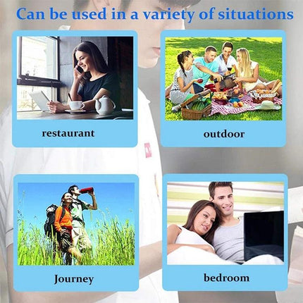 Universal 12-Inch Mobile Phone Screen Amplifier with Stand and Speaker showing use in restaurant, outdoor picnic, journey, and bedroom scenarios