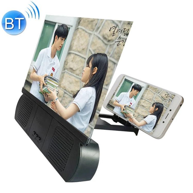 10-Inch Universal Mobile Phone Screen Amplifier with Bluetooth Stand showing phone on stand and enlarged screen playing a video