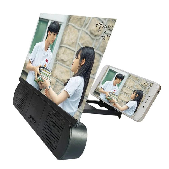 10-Inch Universal Mobile Phone Screen Amplifier with Bluetooth Stand showing phone on foldable stand with enlarged playback screen