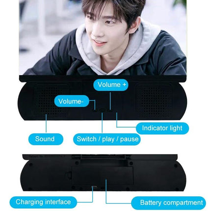10-Inch Universal Mobile Phone Screen Amplifier with Bluetooth Stand showing labeled buttons, speakers, charging interface and battery compartment