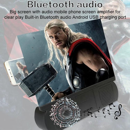 10-Inch Universal Mobile Phone Screen Amplifier with Bluetooth Stand showing phone magnified display, built-in speakers and Bluetooth audio for video and calls