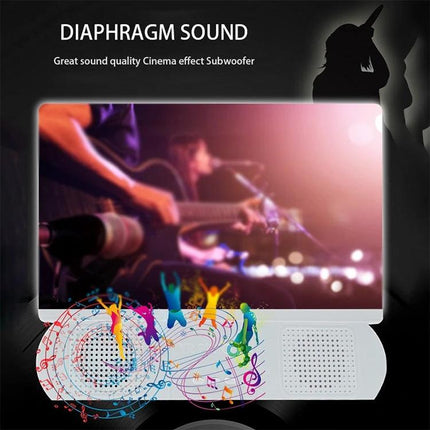 10-Inch Universal Mobile Phone Screen Amplifier with Bluetooth Stand showing amplified video playback and built-in speakers for cinema-like sound