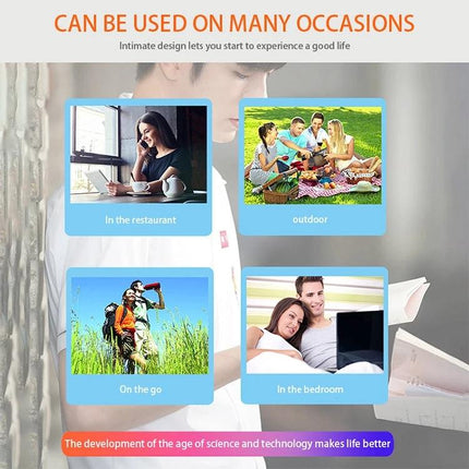 10-Inch Universal Mobile Phone Screen Amplifier with Bluetooth Stand showing use cases: restaurant, outdoor picnic, on the go, and in the bedroom