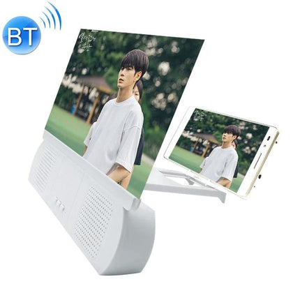 10-Inch Universal Mobile Phone Screen Amplifier with Bluetooth Stand showing enlarged phone display and Bluetooth icon, white foldable stand for video viewing