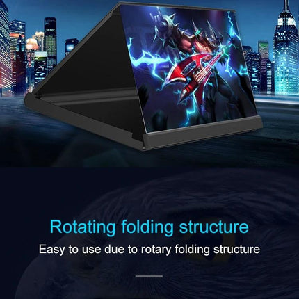 12 Inch Book-Shaped Mobile Phone Screen Amplifier for Video Viewing showing folded black magnifier propped with game video on screen