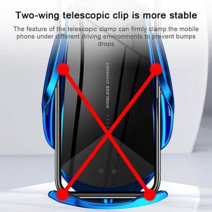 Q2 Magnetic Car Holder for Wireless Phone Charging showing two-wing telescopic clip securing a phone with 15W fast wireless charging