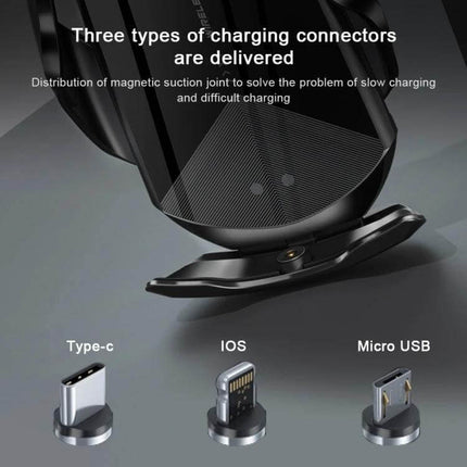Q2 Magnetic Car Holder for Wireless Phone Charging showing magnetic base and three connector types (Type-C, iOS, Micro USB) for 15W fast charging