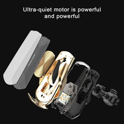 Q2 Magnetic Car Holder for Wireless Phone Charging showing exploded view of ultra-quiet motor, wireless charging coil, and mounting components