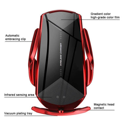 Q2 Magnetic Car Holder for Wireless Phone Charging shown in red with automatic embracing clip, infrared sensing, magnetic head contact, and 15W wireless charging