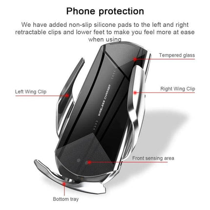 Q2 Magnetic Car Holder for Wireless Phone Charging showing wing clips, bottom tray, tempered glass and front sensing area