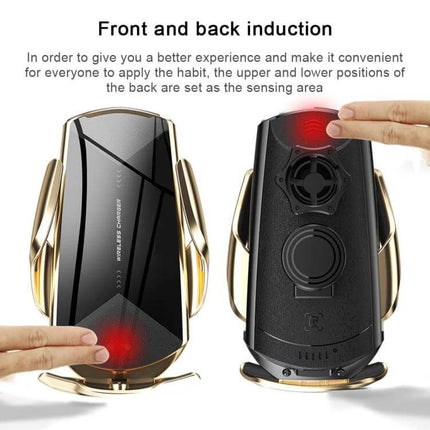 Q2 Magnetic Car Holder for Wireless Phone Charging showing front and back induction sensors on gold phone mount