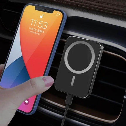X16 Magnetic Car Vent Mount for Wireless Phone Charging showing phone attached to magnetic vent mount charging in car