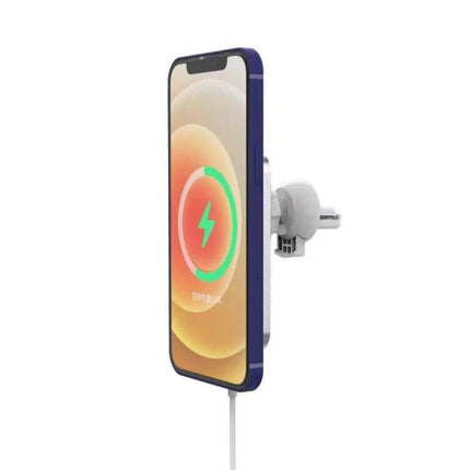 X16 Magnetic Car Vent Mount for Wireless Phone Charging showing phone magnetically attached and charging on car air vent, hands-free navigation and charging