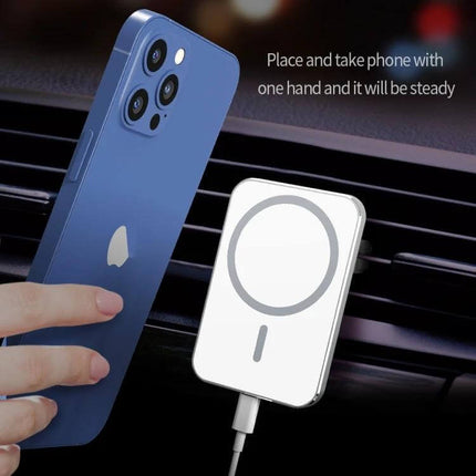 X16 Magnetic Car Vent Mount for Wireless Phone Charging showing a phone attaching magnetically to a vent-mounted wireless charger