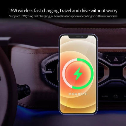 X16 Magnetic Car Vent Mount for Wireless Phone Charging showing phone charging 15W fast on car air vent