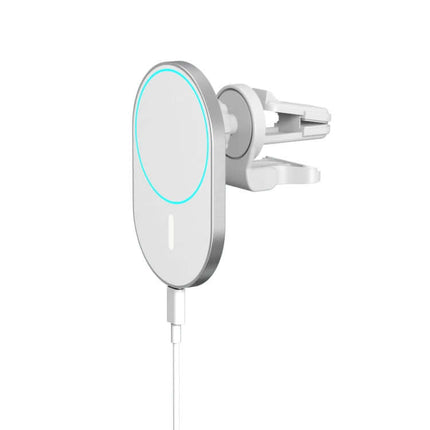 X19 MagSafe Wireless Charger with Car Air Vent Mount showing white magnetic pad attached to vent clip for hands-free charging in car