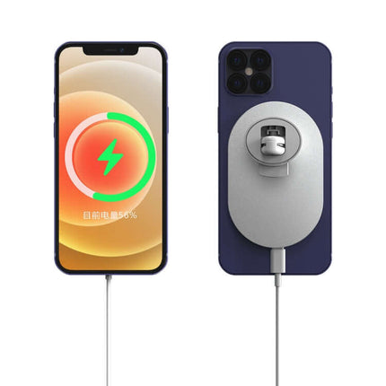 X19 MagSafe Wireless Charger with Car Air Vent Mount attached to iPhone showing charging status, silver mount and cable