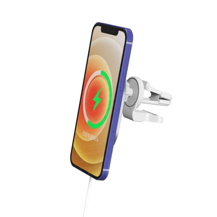 X19 MagSafe Wireless Charger with Car Air Vent Mount holding iPhone charging hands-free on car vent