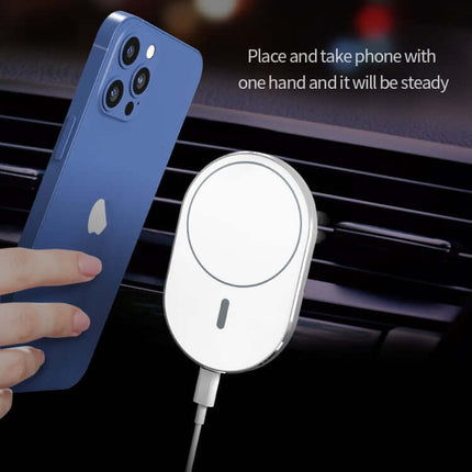 X19 MagSafe Wireless Charger with Car Air Vent Mount attached to vent charging iPhone hands-free for driving commutes