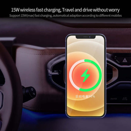 X19 MagSafe Wireless Charger with Car Air Vent Mount showing iPhone charging 15W fast charge on car vent mount