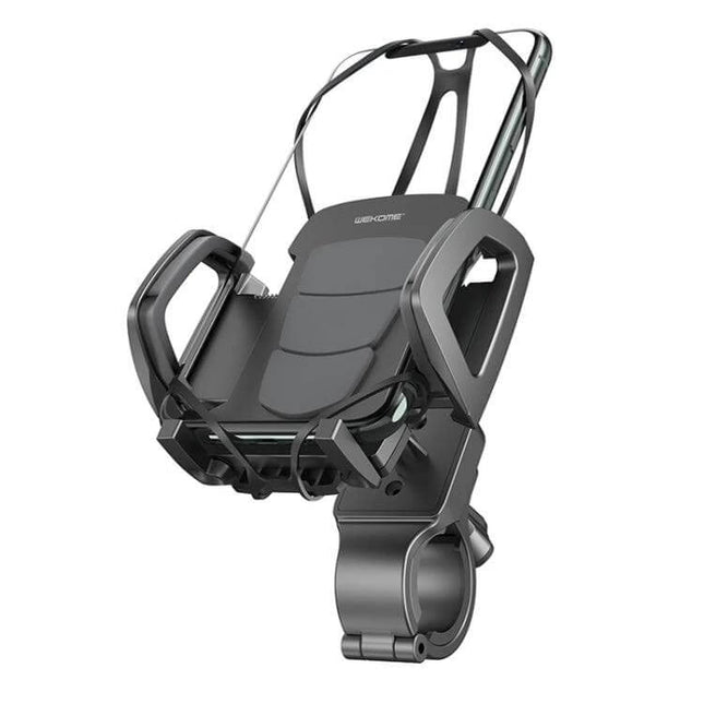 WK Bicycle and Motorcycle Adjustable Phone Holder mounted on handlebar showing 360-degree adjustable secure grip for smartphones