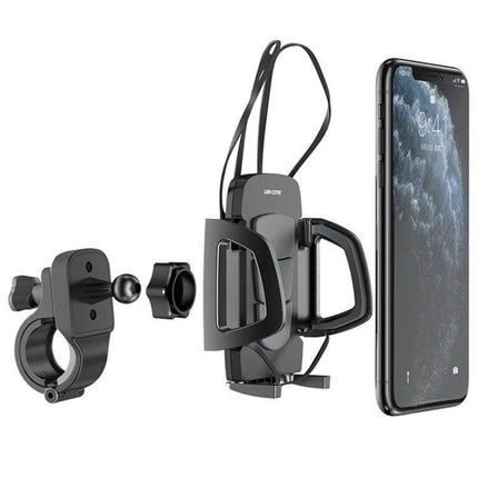 WK Bicycle and Motorcycle Adjustable Phone Holder mounted on bike handlebar showing 360-degree adjustable secure smartphone grip
