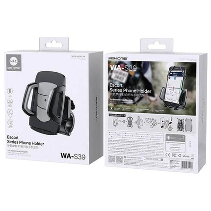 WK Bicycle and Motorcycle Adjustable Phone Holder black WA-S39 packaging showing front and back with mounted smartphone