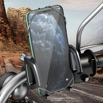 WK Bicycle and Motorcycle Adjustable Phone Holder mounted on handlebar showing phone secured with 360-degree rotation and stable grip