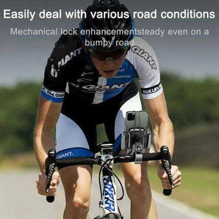 WK Bicycle and Motorcycle Adjustable Phone Holder mounted on bicycle handlebar with 360-degree rotation and secure grip for road cycling