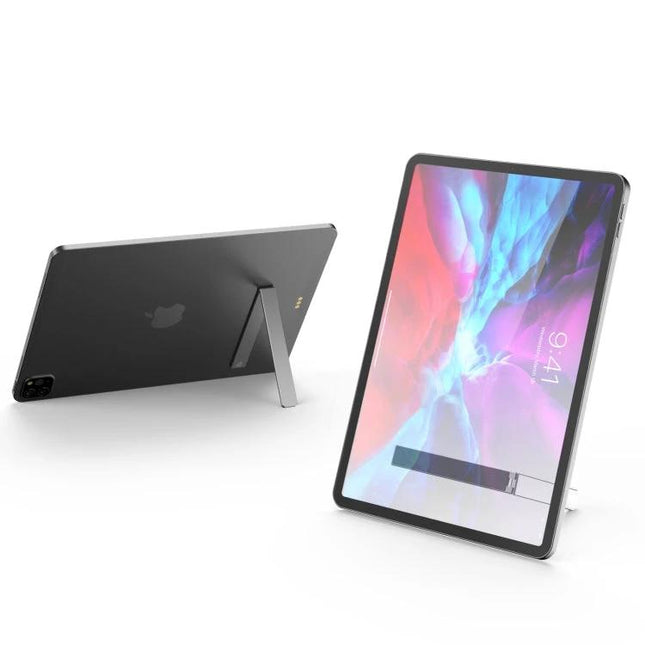 R-JUST Portable Magnetic Folding Tablet Holder for Everyday Use showing two tablets supported at multiple angles for reading and video