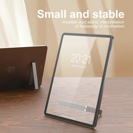 R-JUST Portable Magnetic Folding Tablet Holder for Everyday Use showing slim metal stand supporting tablet on desk
