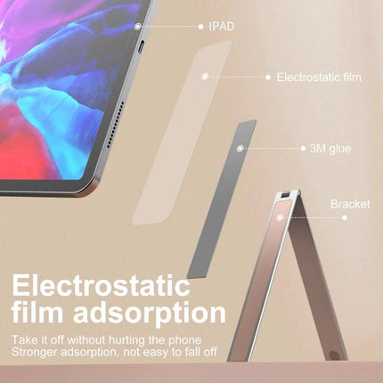 R-JUST Portable Magnetic Folding Tablet Holder for Everyday Use showing iPad, electrostatic film, 3M glue and foldable bracket setup
