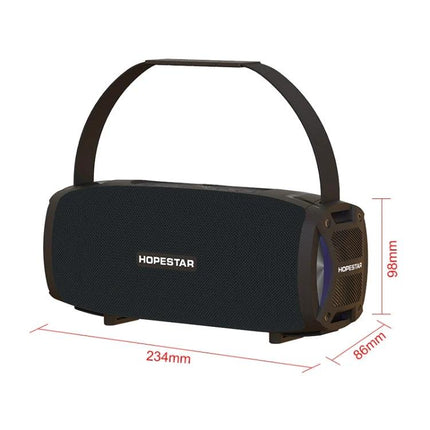 HOPESTAR Portable Bluetooth Speaker Weather Resistant shown with carrying strap, IPX6 splash-resistant outdoor audio, 100mm