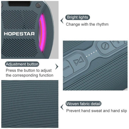 HOPESTAR Portable Bluetooth Speaker Weather Resistant showing control buttons, woven fabric, and RGB lights
