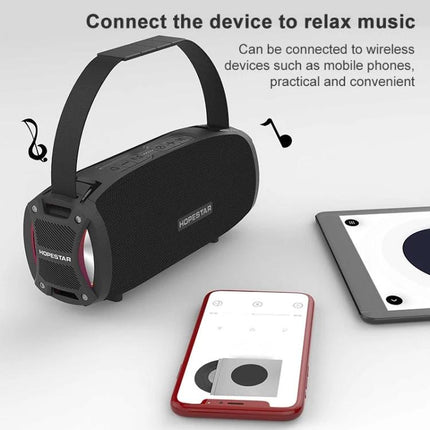 HOPESTAR Portable Bluetooth Speaker Weather Resistant shown with phone and tablet for outdoor music streaming and hands-free calls