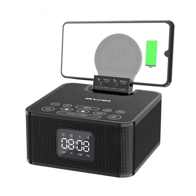 Awei Portable Bluetooth Speaker With Phone Stand For Home Travel showing clock, controls, phone dock and compact portable design