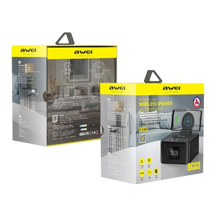 Awei Portable Bluetooth Speaker With Phone Stand For Home Travel shown in retail packaging with product image and specs