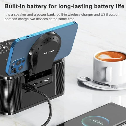 Awei Portable Bluetooth Speaker With Phone Stand For Home Travel showing phone docked, charging, coffee cup, compact portable speaker