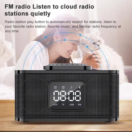 Awei Portable Bluetooth Speaker With Phone Stand For Home Travel showing FM radio, clock display, phone holder and hands-free features