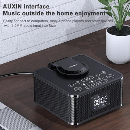Awei Portable Bluetooth Speaker With Phone Stand For Home Travel showing compact speaker with phone holder and clock display
