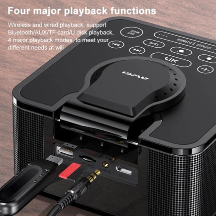 Awei Portable Bluetooth Speaker With Phone Stand For Home Travel showing controls ports phone holder and USB AUX playback options