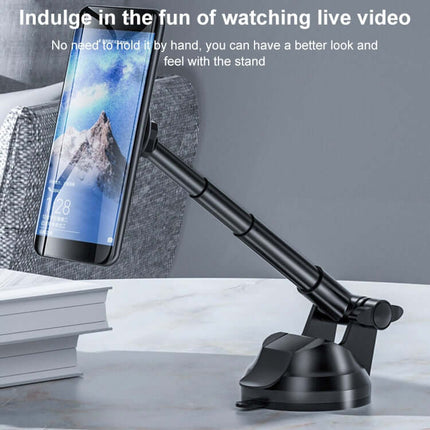 Universal Magnetic Rotating Car Phone Holder for Vehicles showing 360° rotation, extendable anodized alloy arm and strong suction cup mount