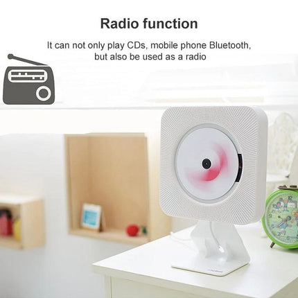 Portable Bluetooth Speaker for Playing CDs with Digital Display on a nightstand showing radio and CD playback
