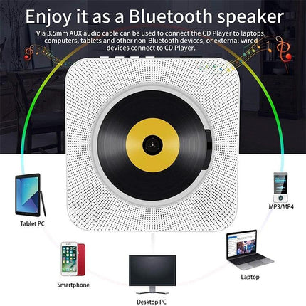 Portable Bluetooth Speaker for Playing CDs with Digital Display showing top CD tray and devices (smartphone, tablet, laptop)